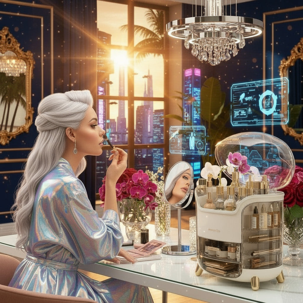 Woman applying makeup with a large-capacity storage organizer on a vanity table.