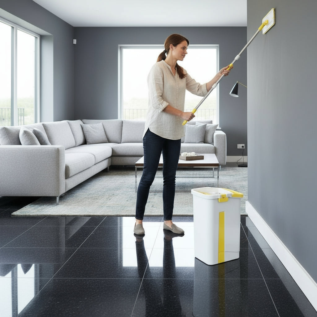 Cleaning mop and bucket set with yellow accents on a white background