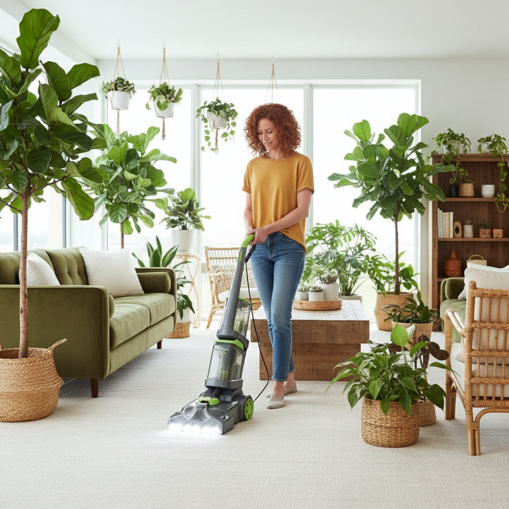 Vacuum cleaner on a carpeted floor in a living room setting
