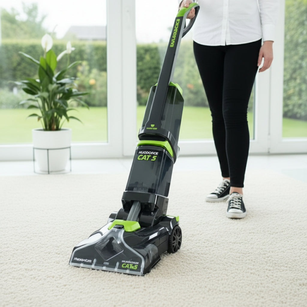 Person using a Greenworks vacuum cleaner on a carpeted floor.