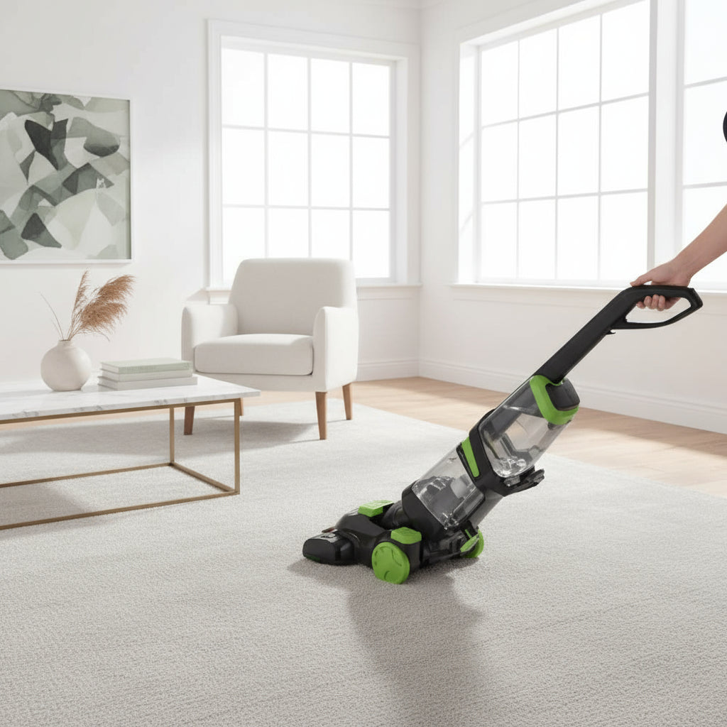 Person using a vacuum cleaner on a carpeted floor