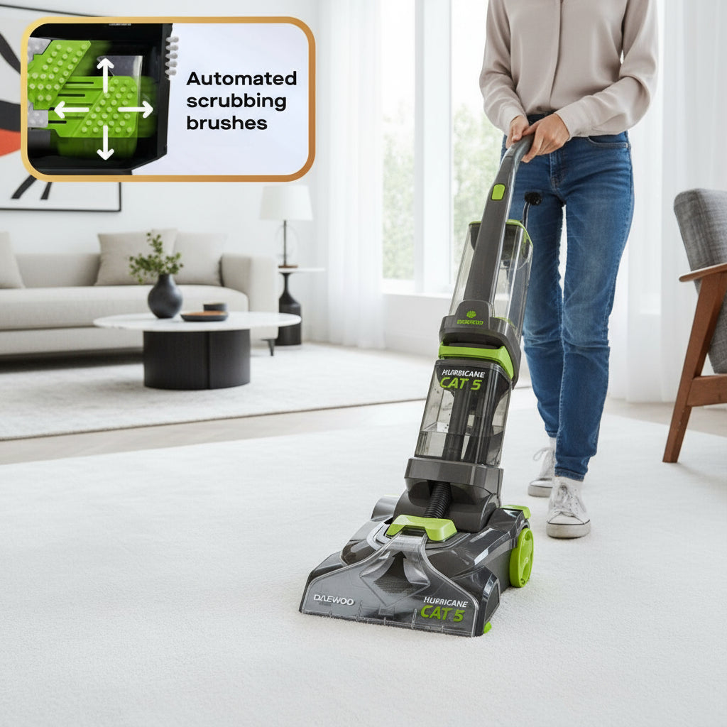 Vacuum cleaner with automated scrubbing brushes cleaning a carpet, featuring Darboven branding.