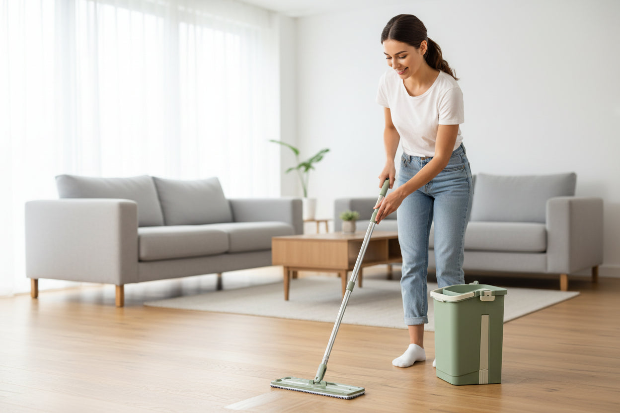 Green mop and bucket set on a beige background