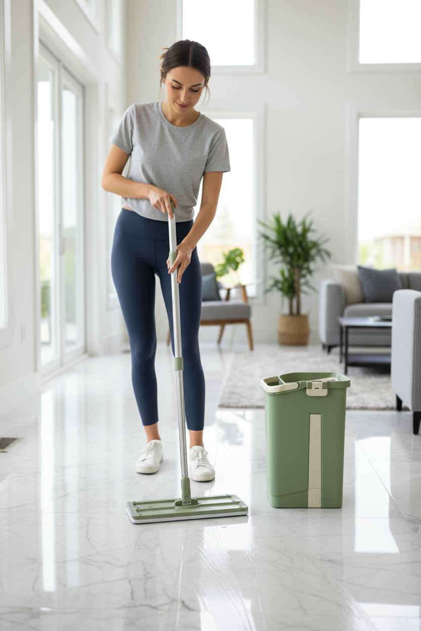 Green mop and bucket set on a kitchen floor