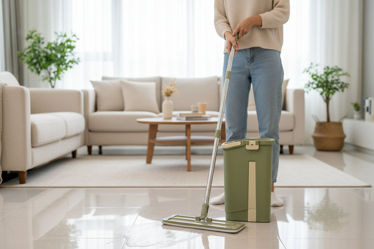 Green mop and bucket set on a tiled floor