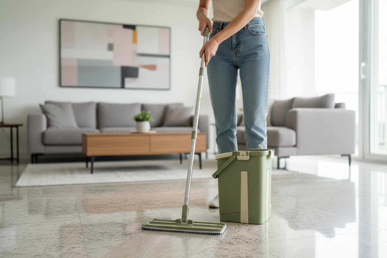 Green mop and bucket set on a tiled floor