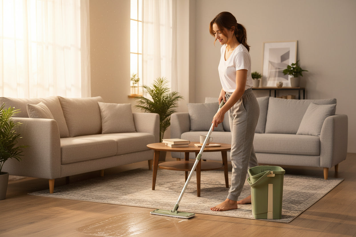 Green mop and bucket set on a light wooden floor with a white background