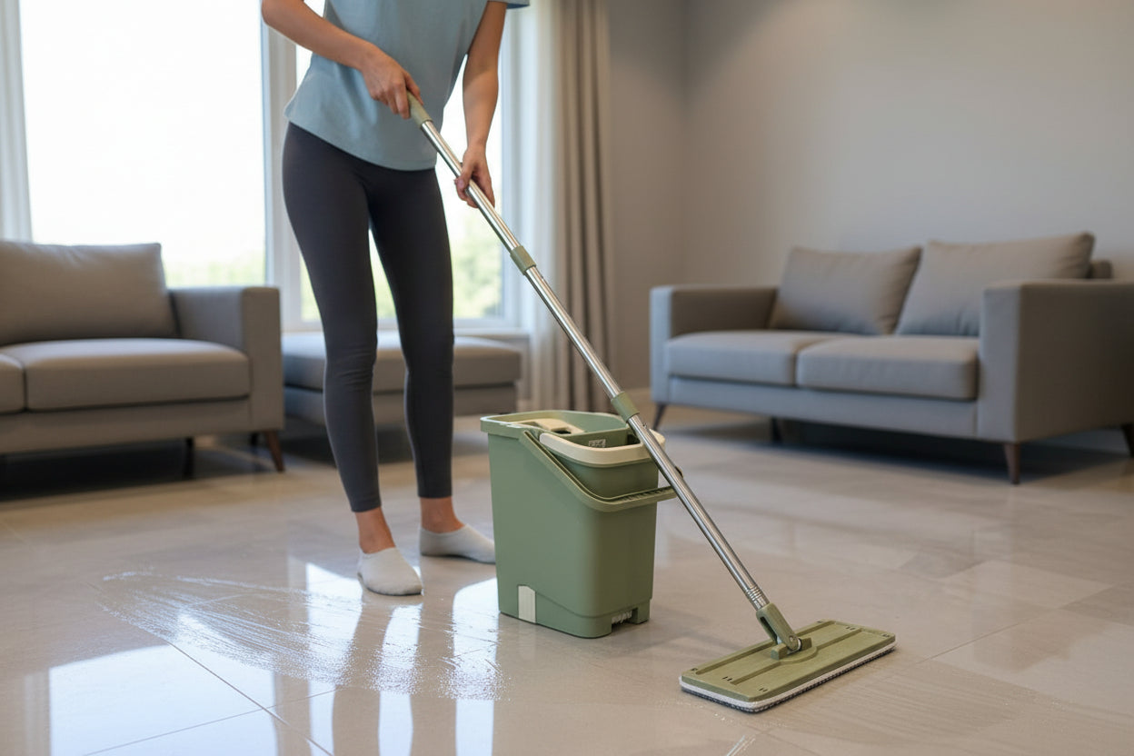 Green mop and bucket set on a tiled floor with a living room in the background