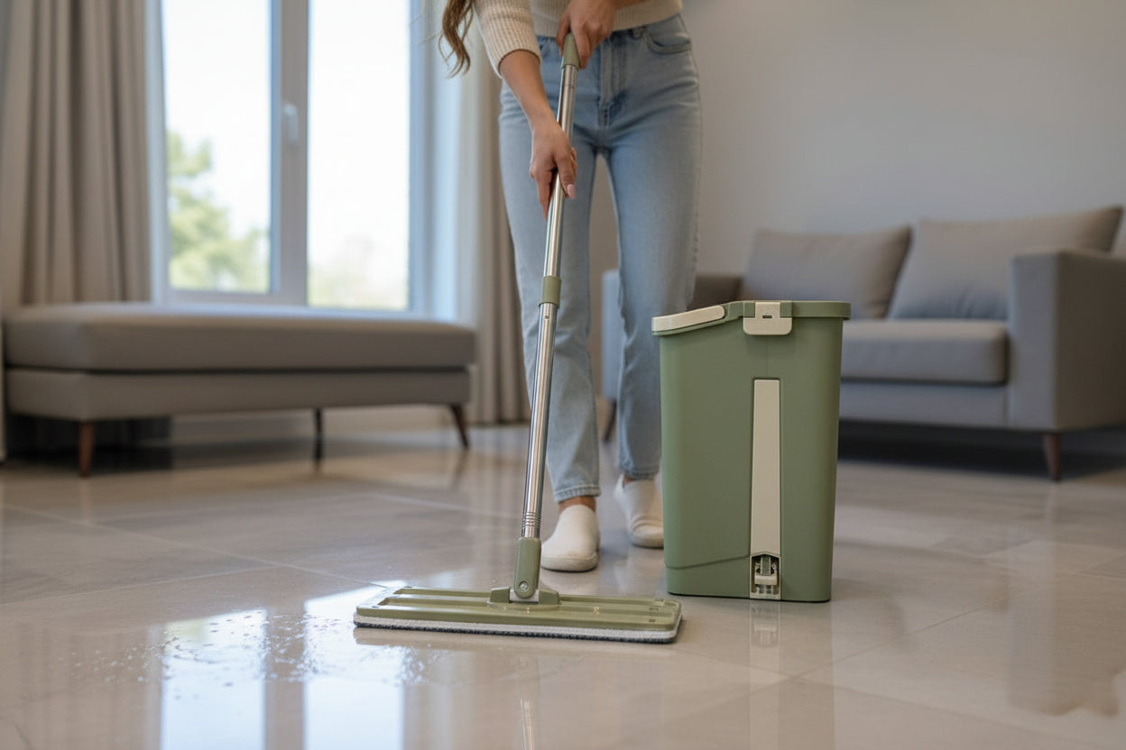 Green mop and bucket set on a tiled floor with a living room in the background