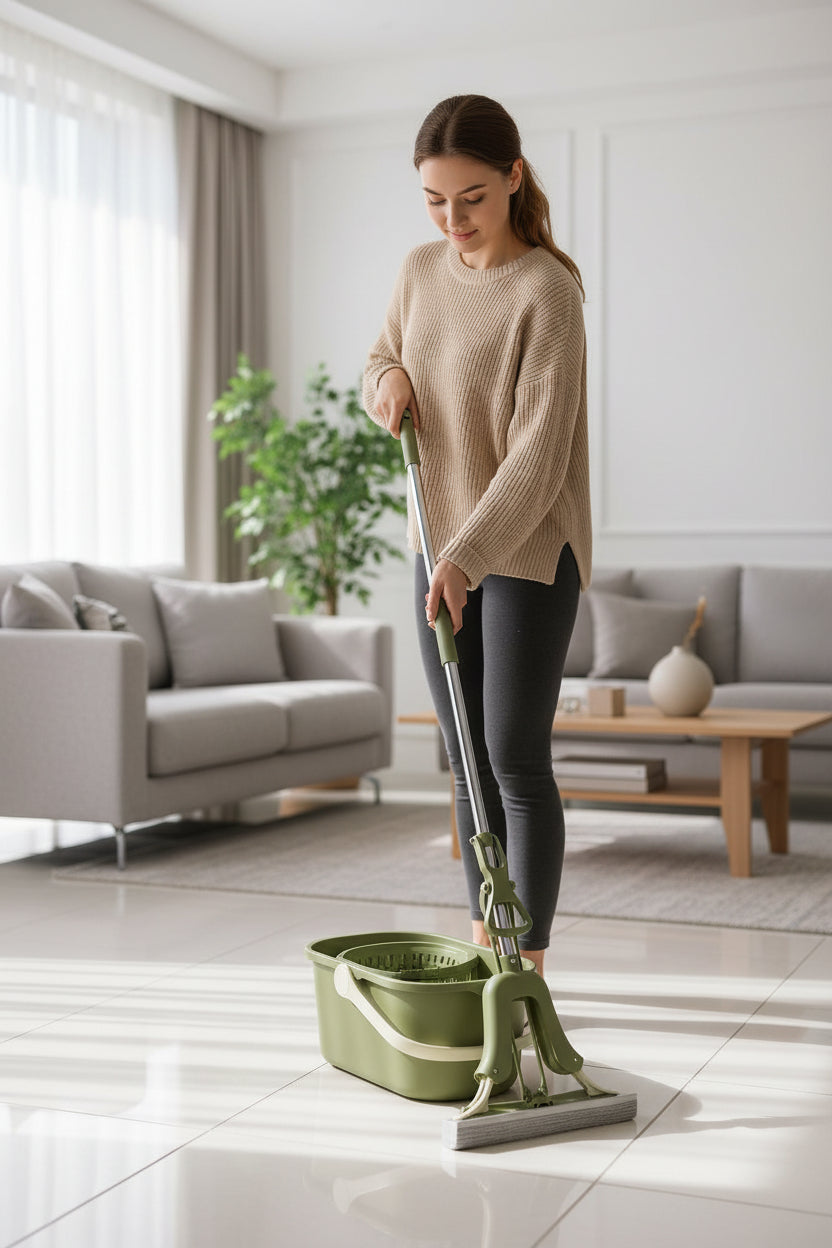 Green mop and bucket set on a tiled floor