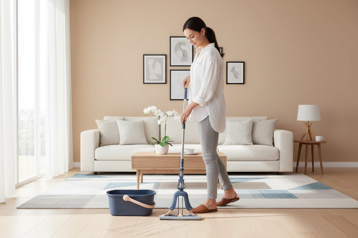 Mop and bucket set on a light gray background