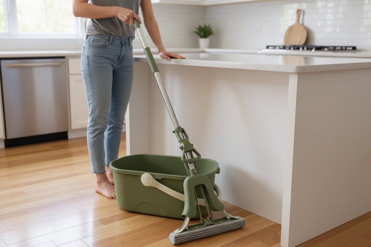 Green mop and bucket set on a wooden floor in a kitchen.