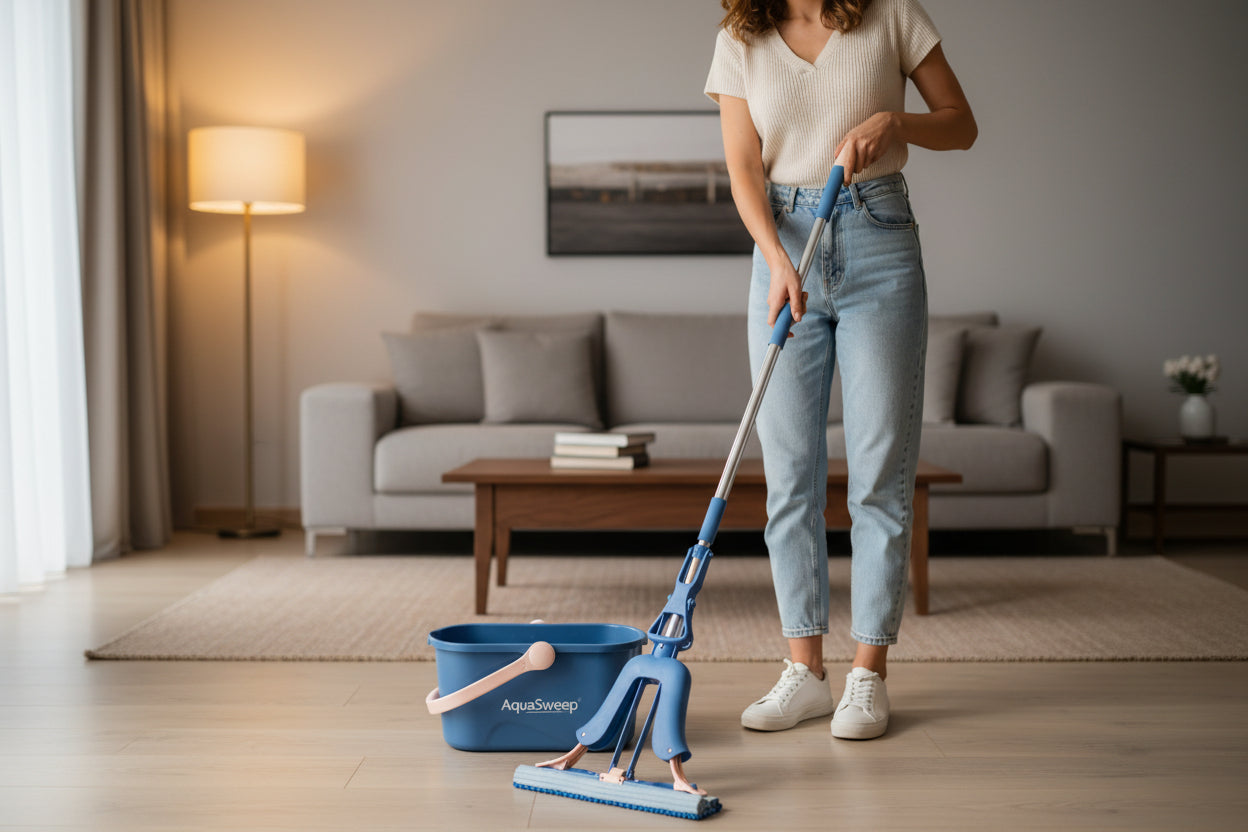 Mop and bucket set against an orange wall.