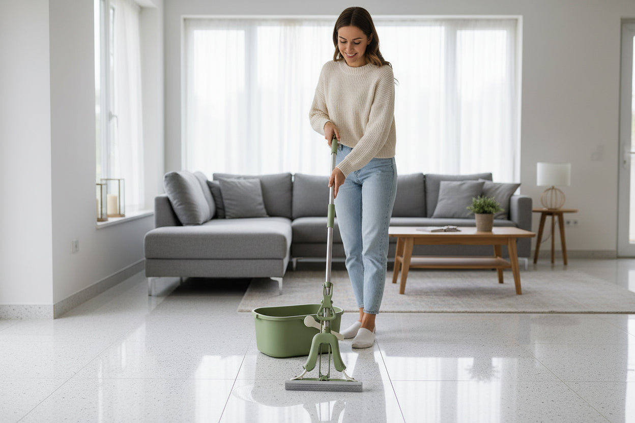Green mop and bucket set on a tiled floor