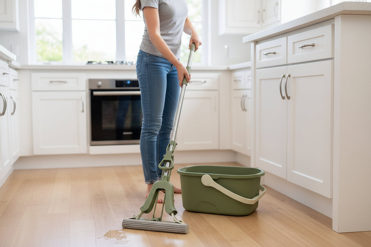 Green mop and bucket set on a wooden floor in a kitchen.