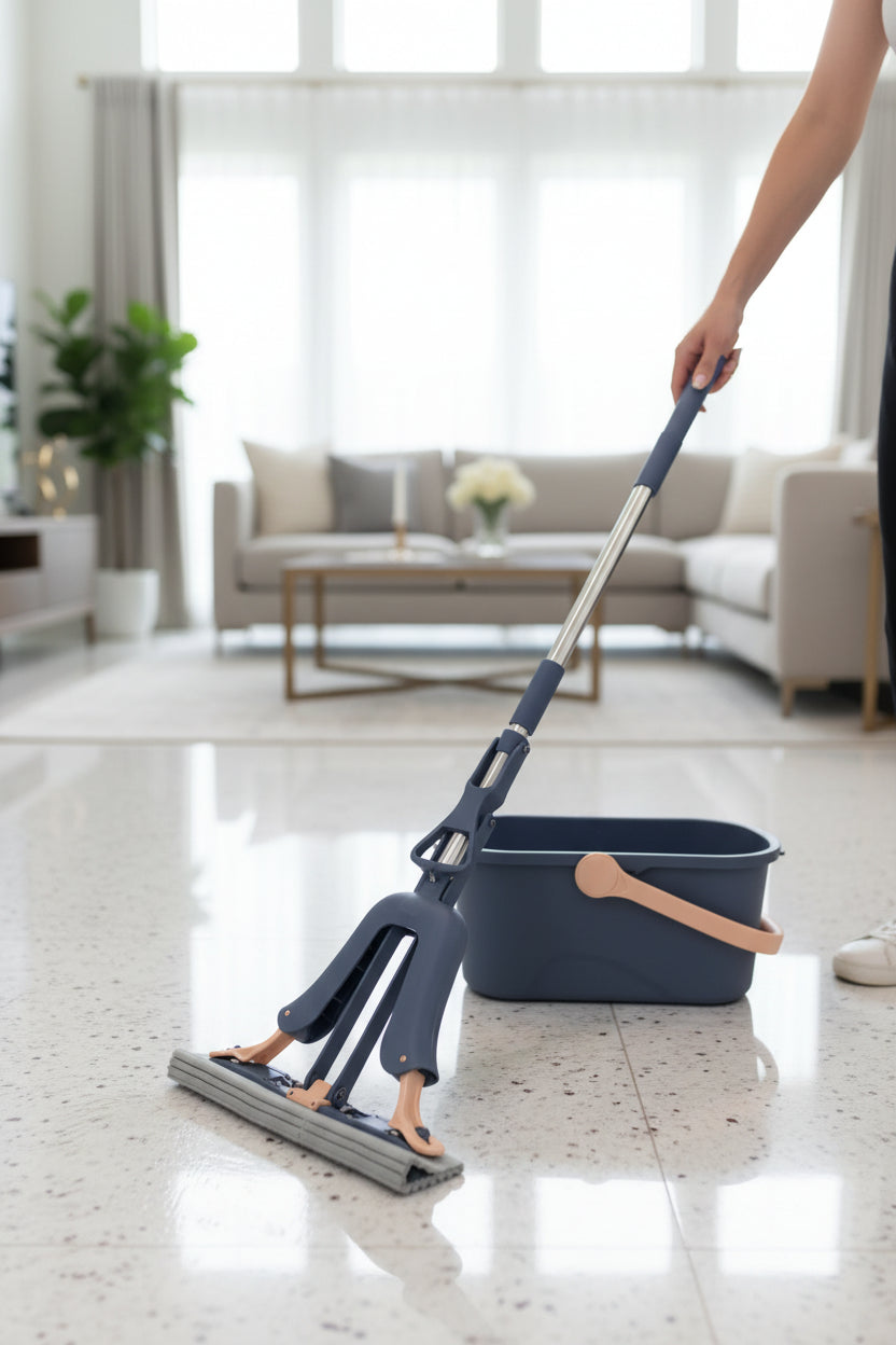 Blue mop and bucket set on a kitchen floor with white cabinets and appliances in the background.