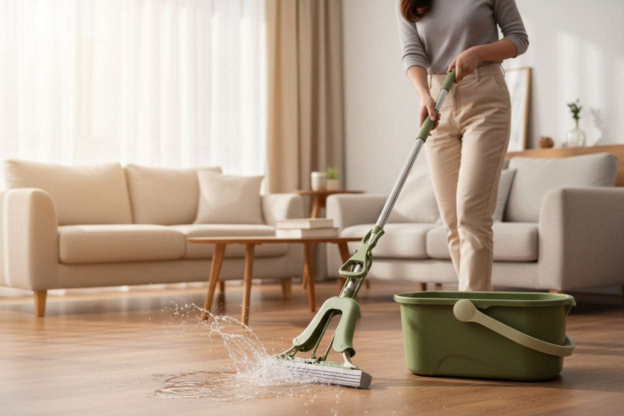 Green mop and bucket set on a blue background