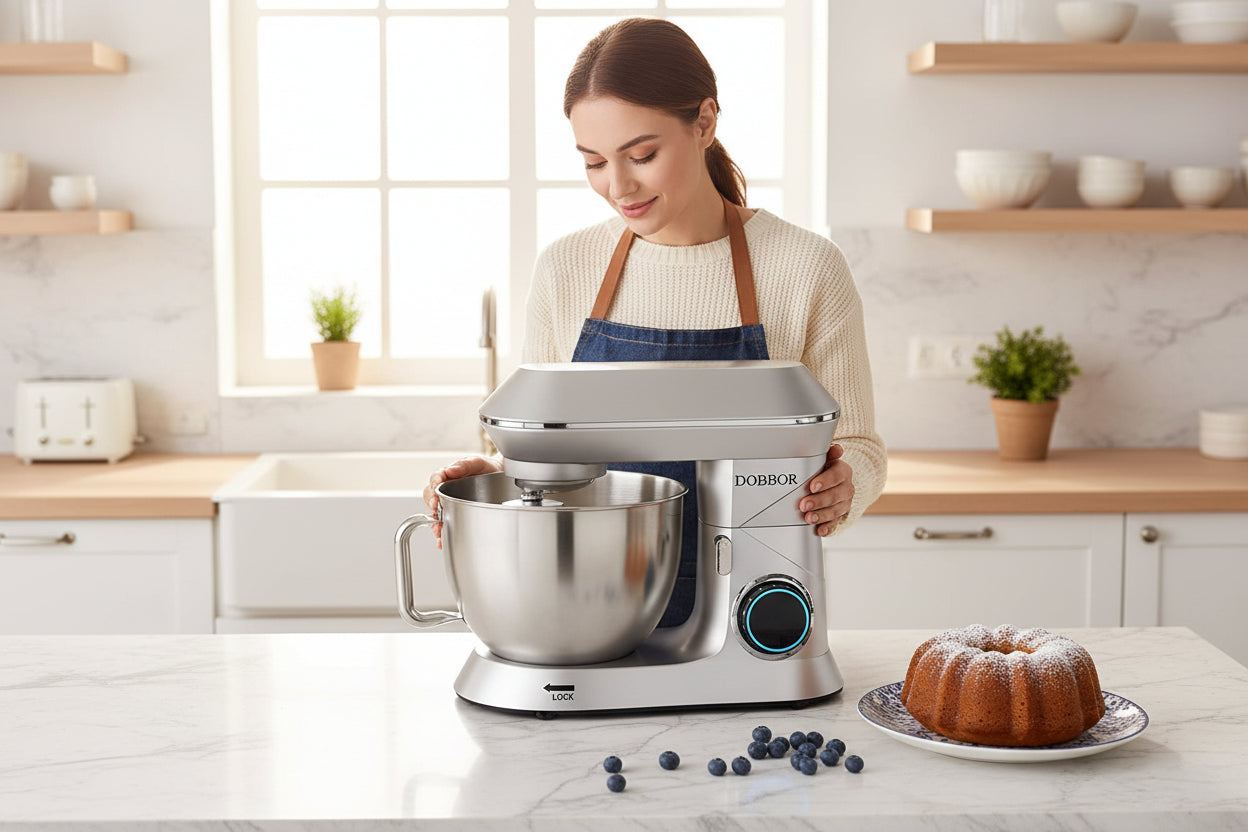 Silver stand mixer with a cat and baking ingredients on a wooden surface