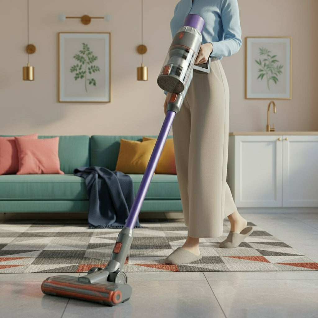 Person using an advanced cordless vacuum cleaner in a living room.