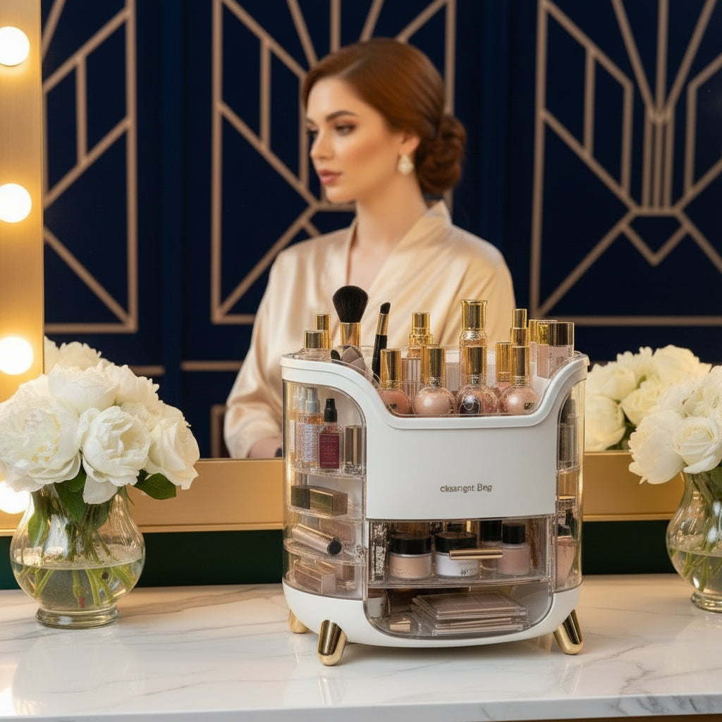 Woman applying makeup in a stylish room with a makeup organizer on a table.