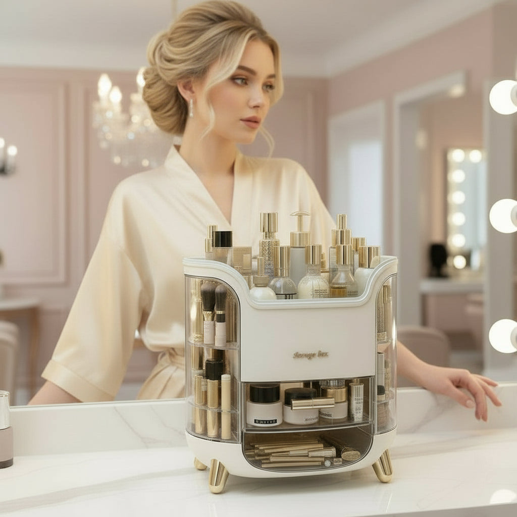 Woman applying makeup in a stylish room with a makeup organizer on a table.
