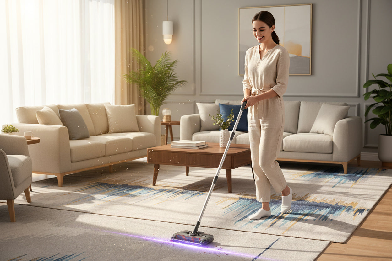 Vacuum cleaner with specifications and accessories listed on a blurred background