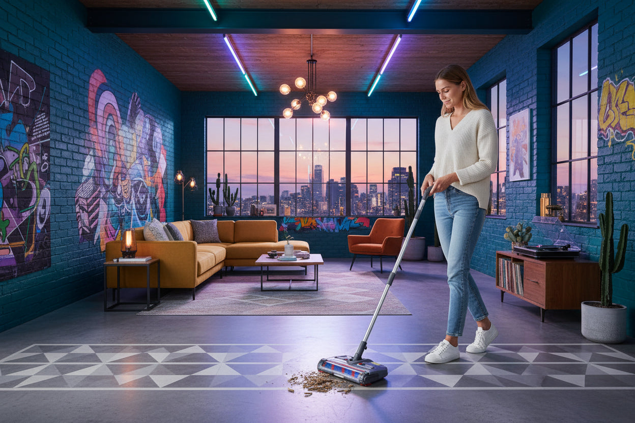 Cordless electric sweeper with packaging on a wooden floor background