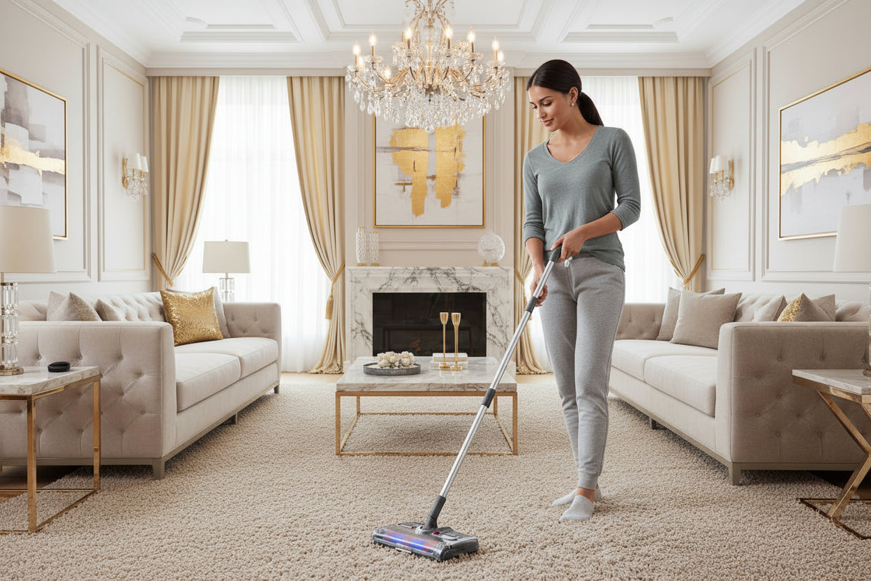 Cordless electric sweeper with packaging on a wooden floor background