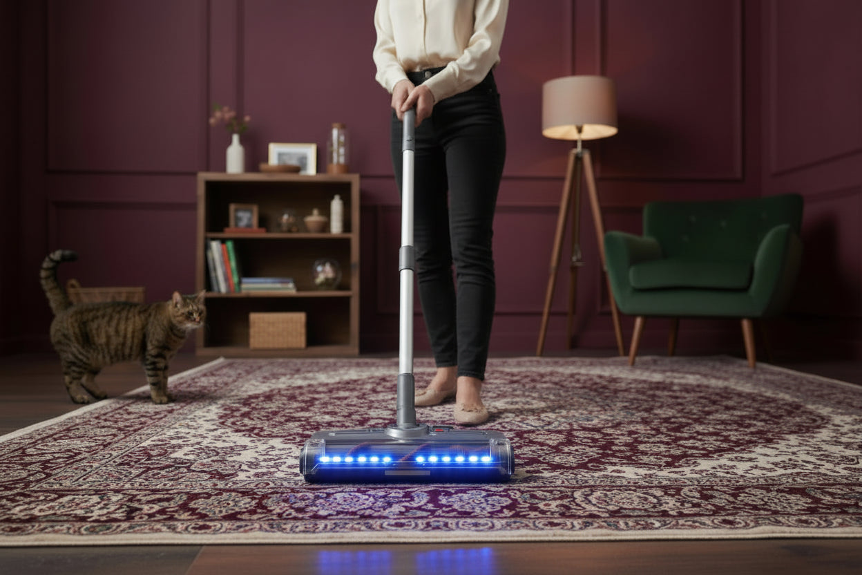 Cordless electric sweeper with packaging on a wooden floor background