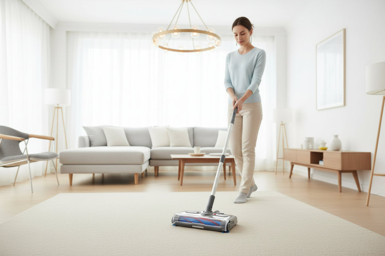 Person using a cordless vacuum cleaner on a carpet in a living room.