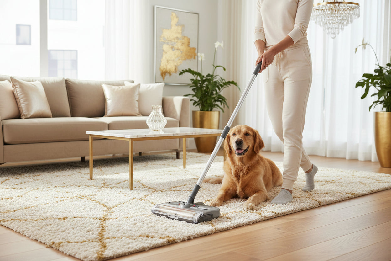 Cordless electric sweeper with packaging on a wooden floor background