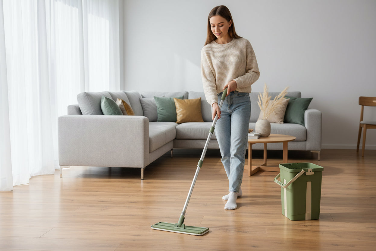 Green mop and bucket set on a gray background