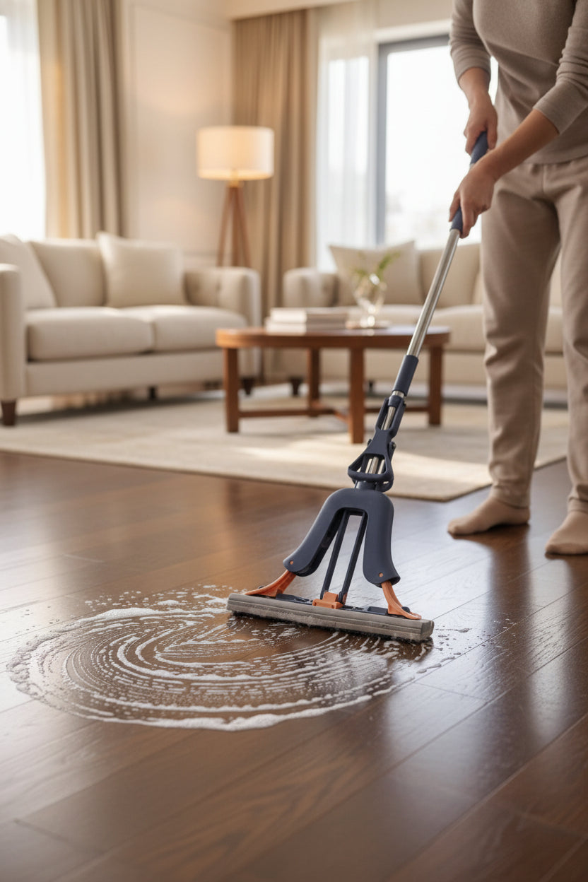 Person cleaning a blue floor with a mop.