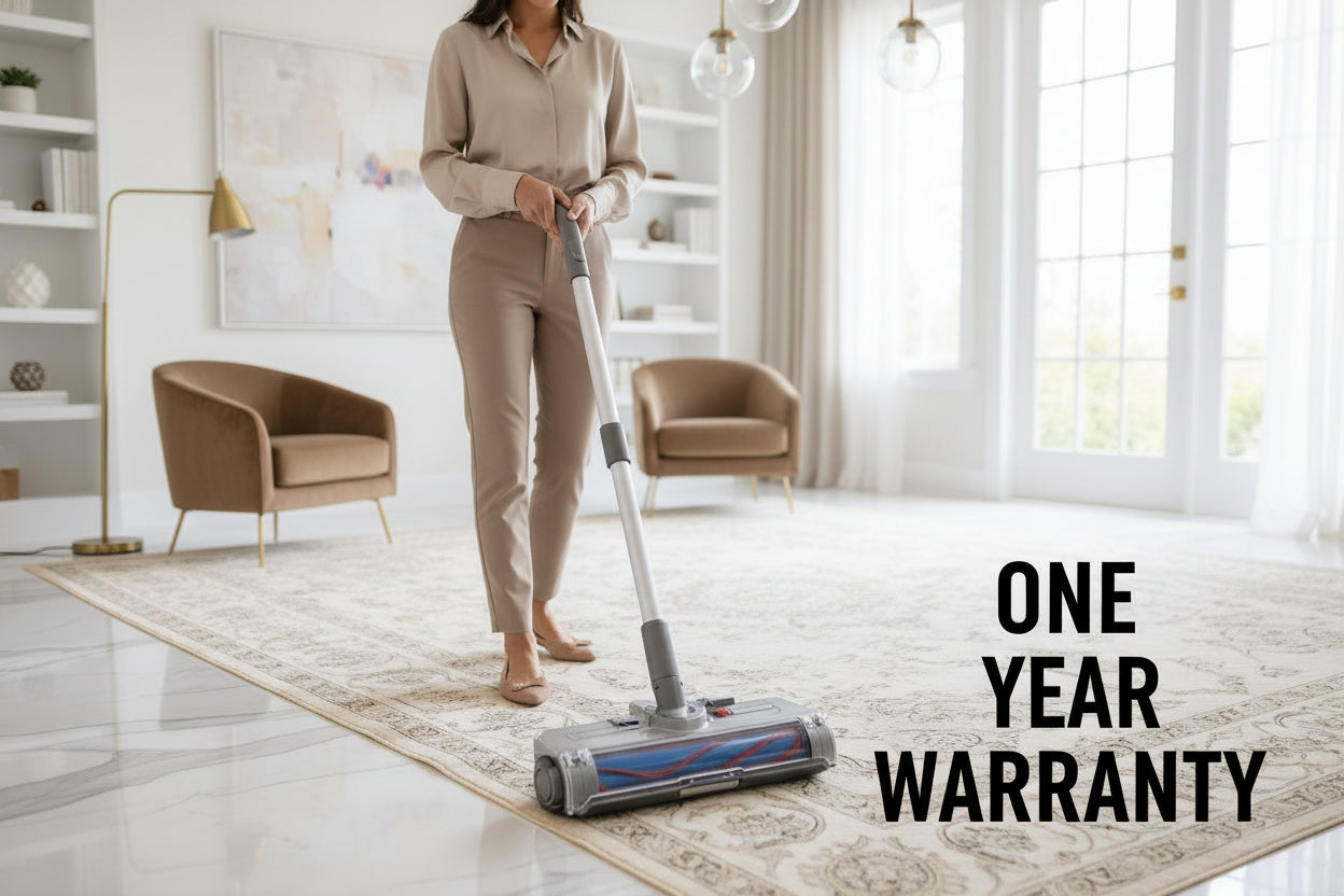 Person using a cordless vacuum cleaner in a kitchen with a one-year warranty text overlay.