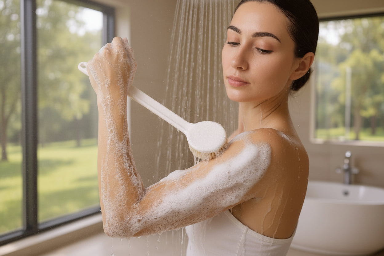 Woman using a brush with soap suds in a bathroom