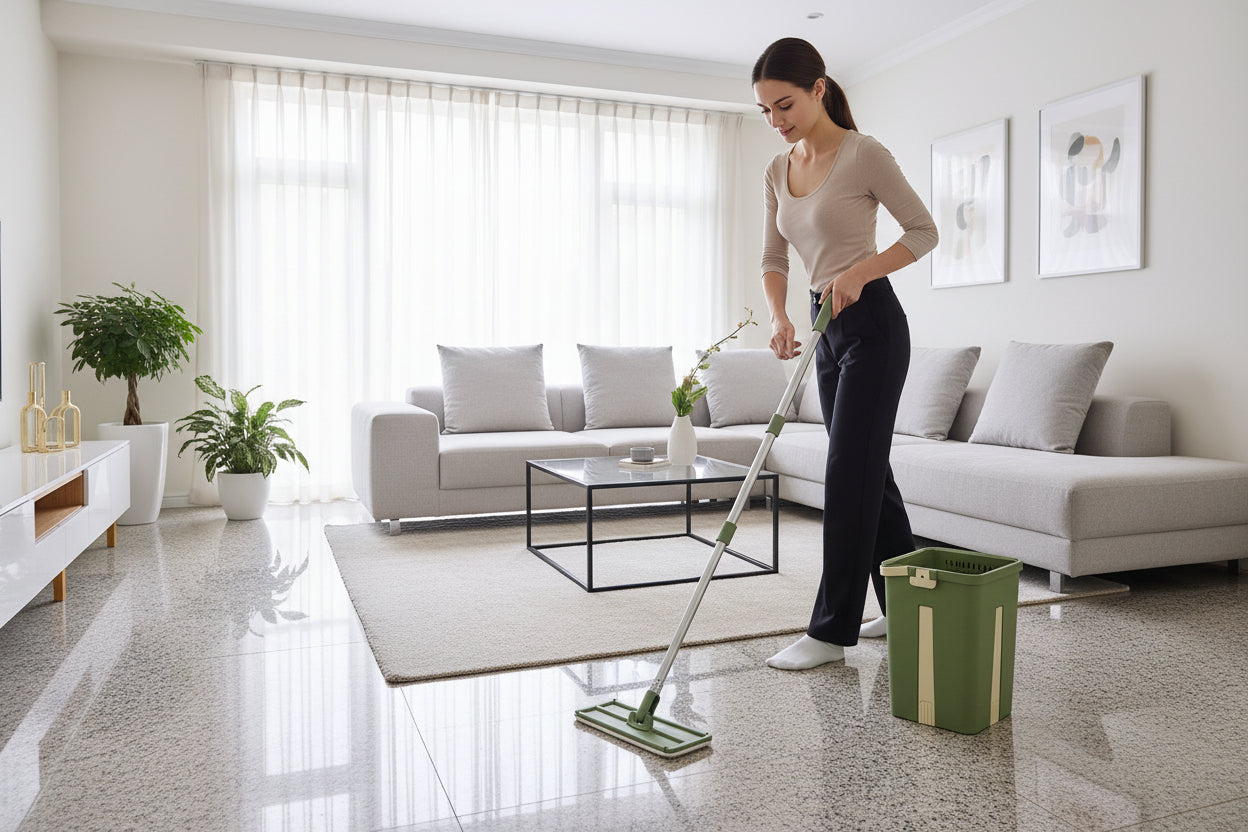 Green mop and bucket set on a tiled bathroom floor.
