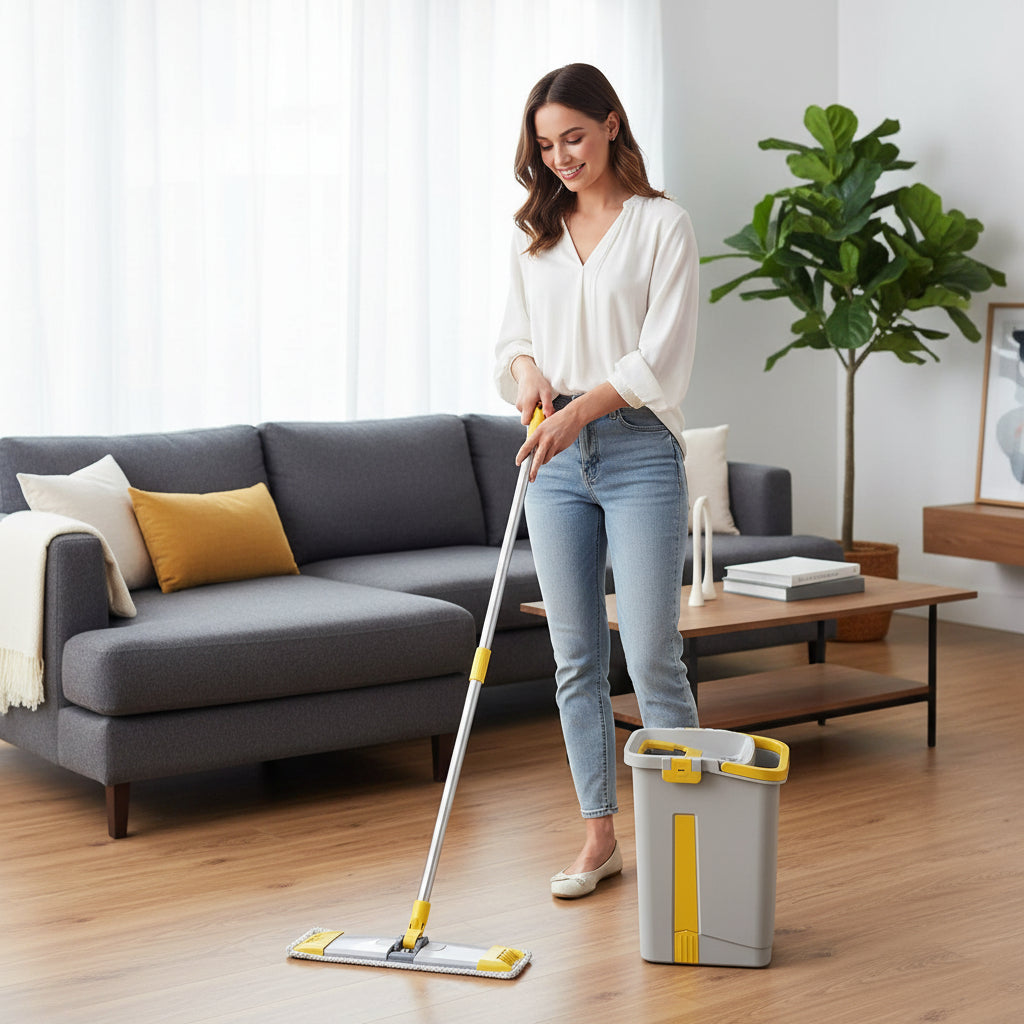 Cleaning tool with yellow accents on a white background
