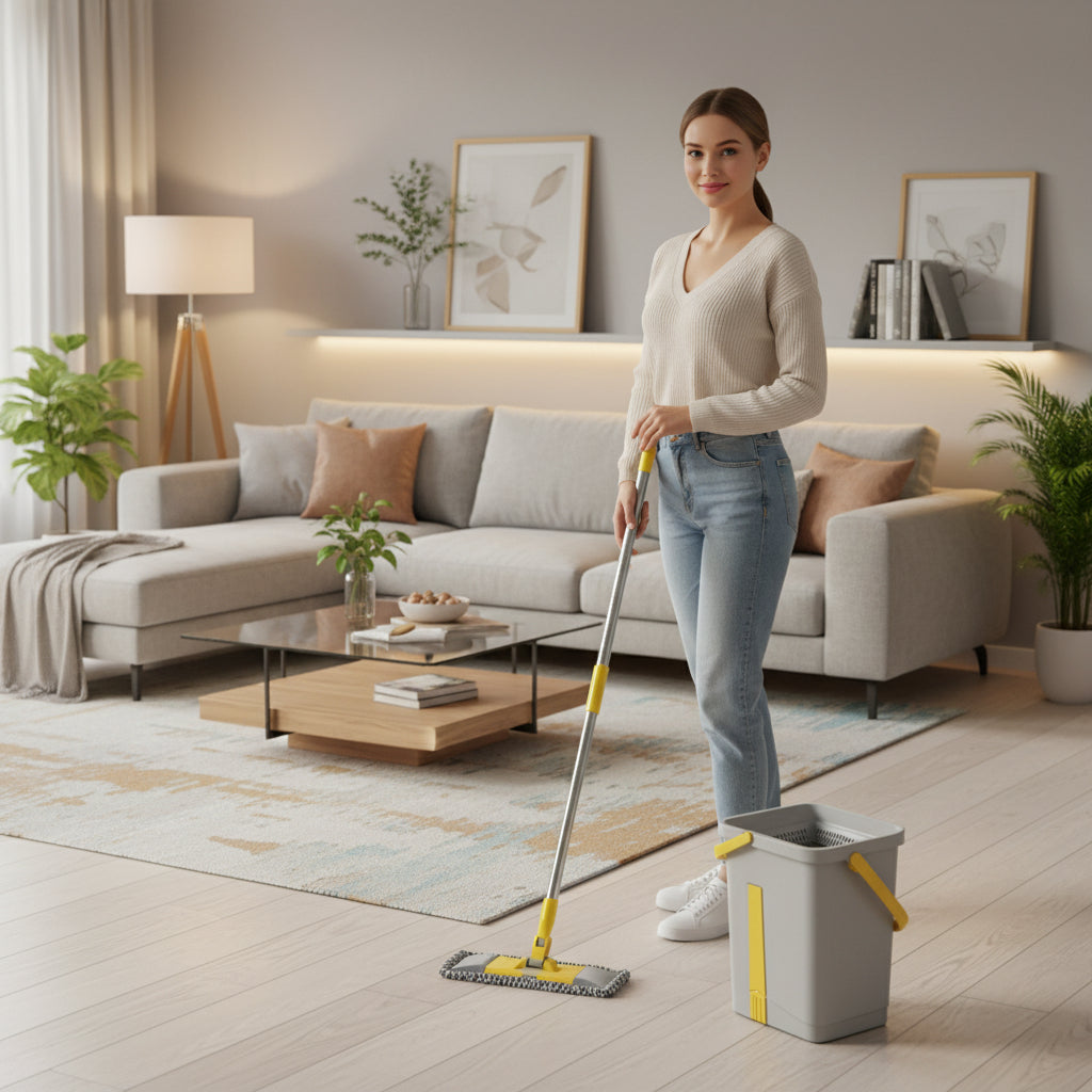 Cleaning tool with yellow accents on a white background