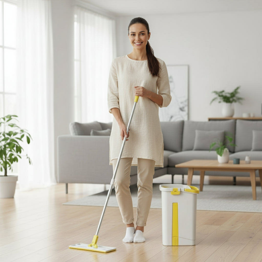 Cleaning mop and bucket set with yellow accents on a white background