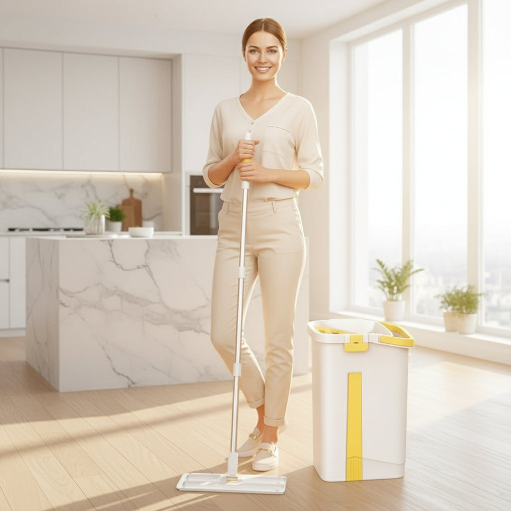 Woman cleaning a modern living room with a mop and bucket.