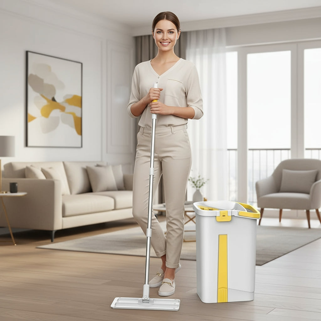 Cleaning mop and bucket set with yellow accents on a white background