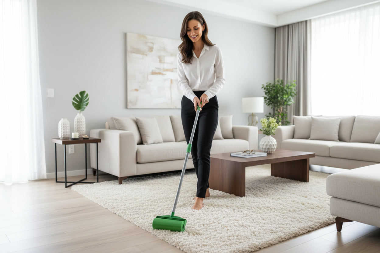 Green cleaning tool on a tiled floor
