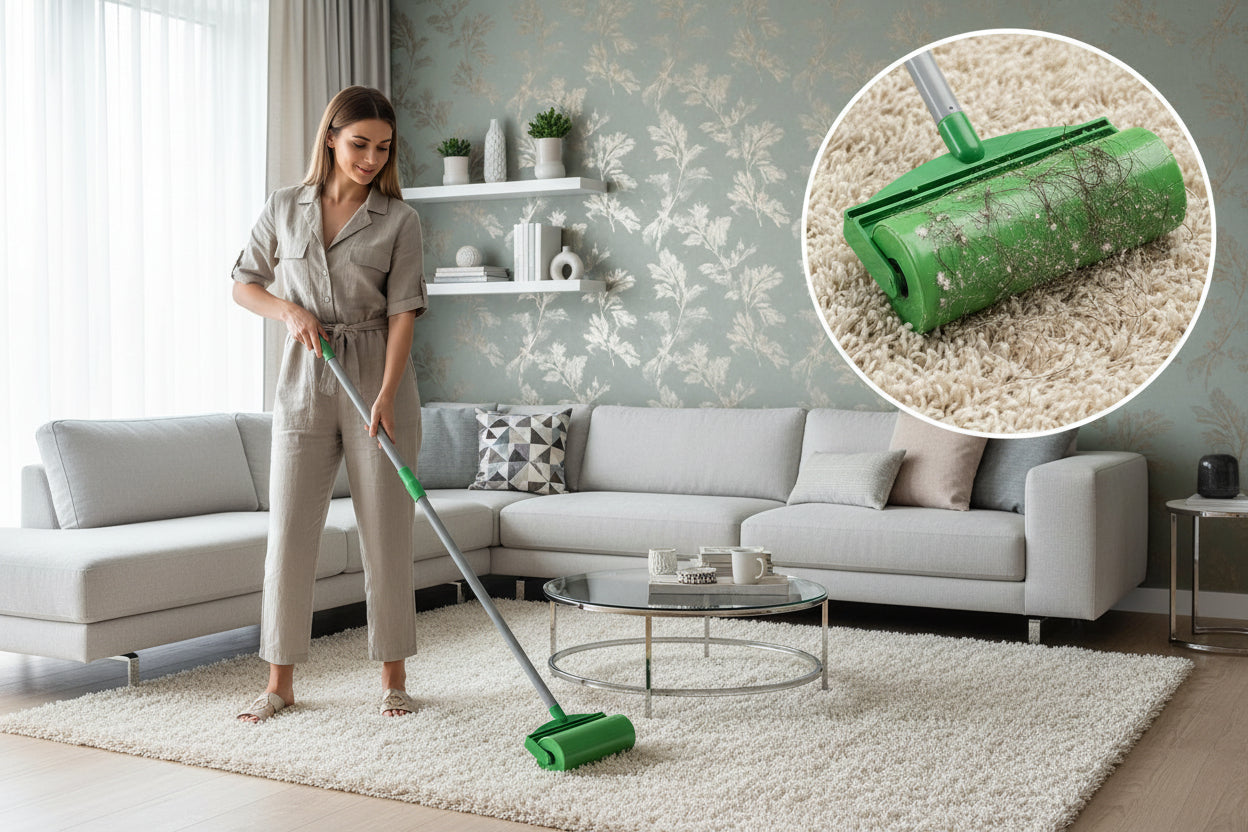 Green cleaning tool on a tiled floor