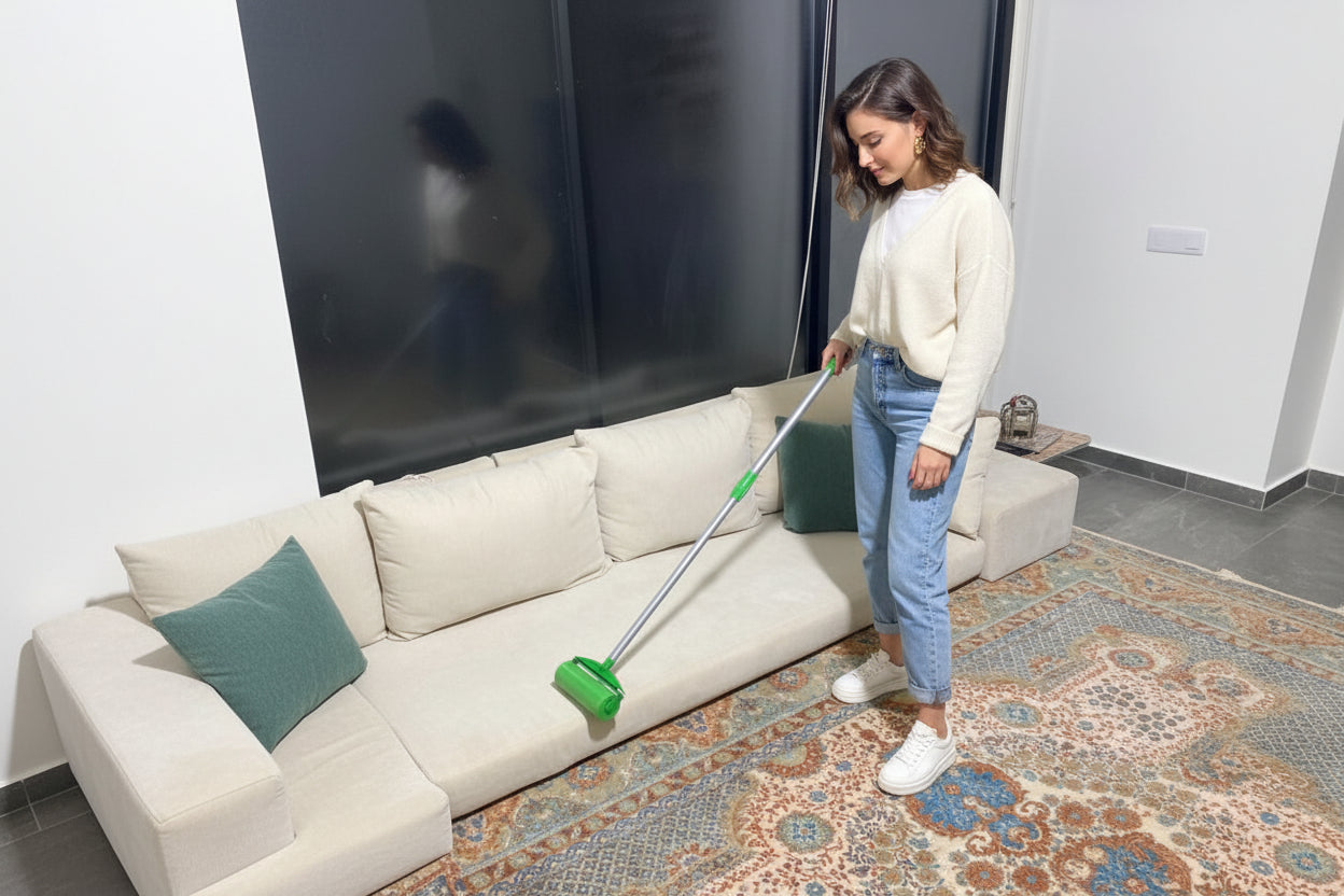 Person cleaning a sofa with a green cleaning tool on a patterned rug.