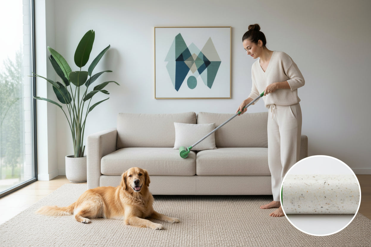 Green roller brush on a tiled floor
