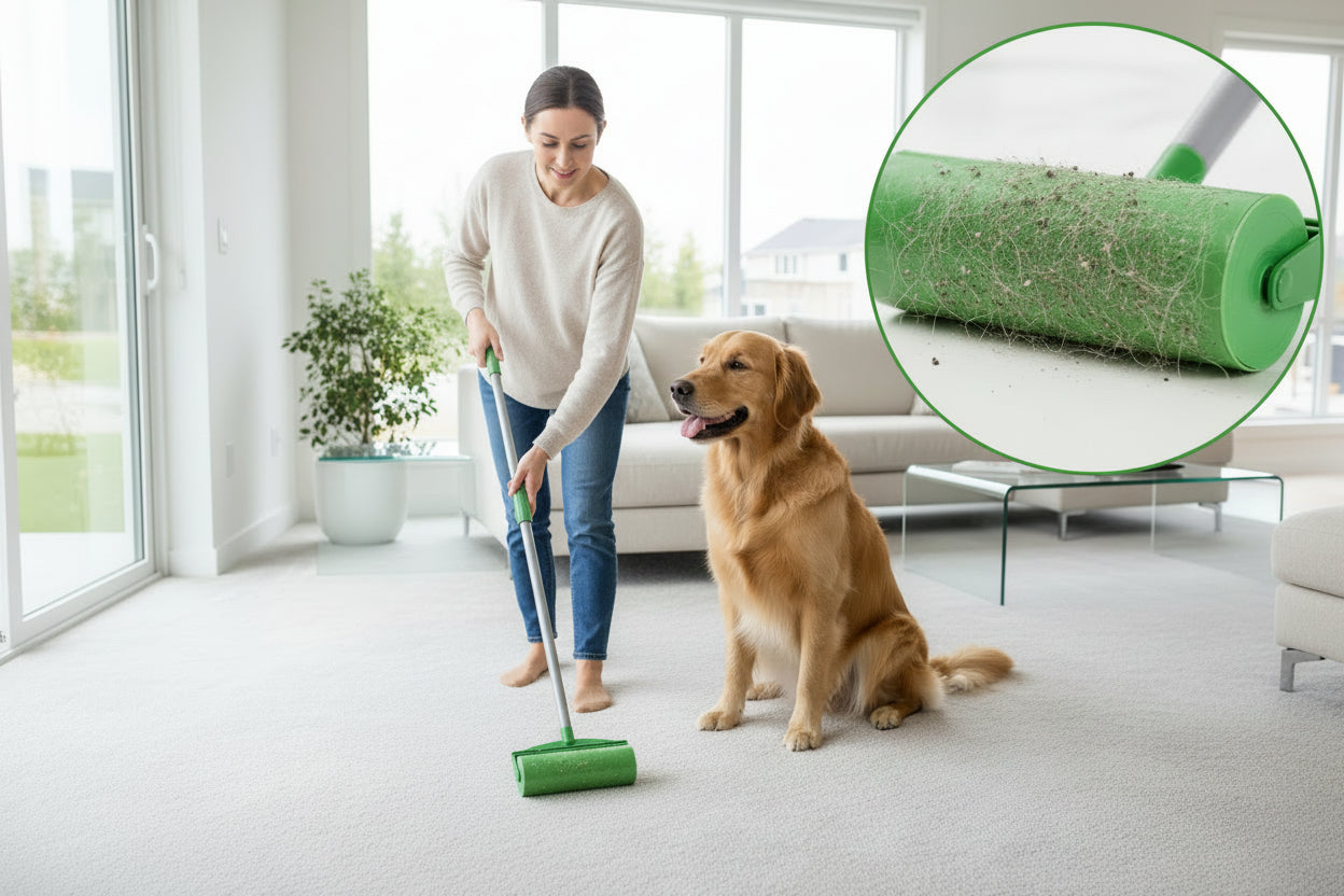 Green cleaning tool on a tiled floor