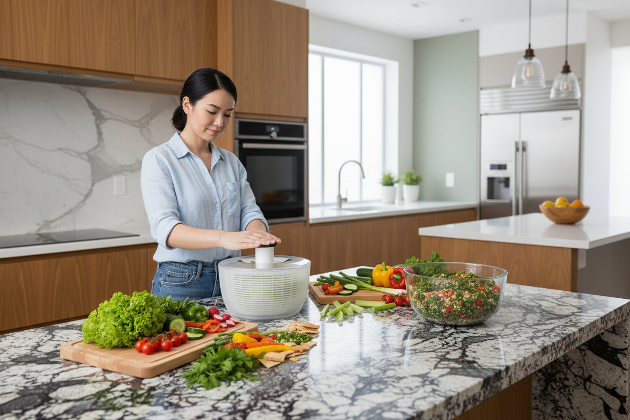 Salad spinner on a kitchen counter with text about warranty and price.