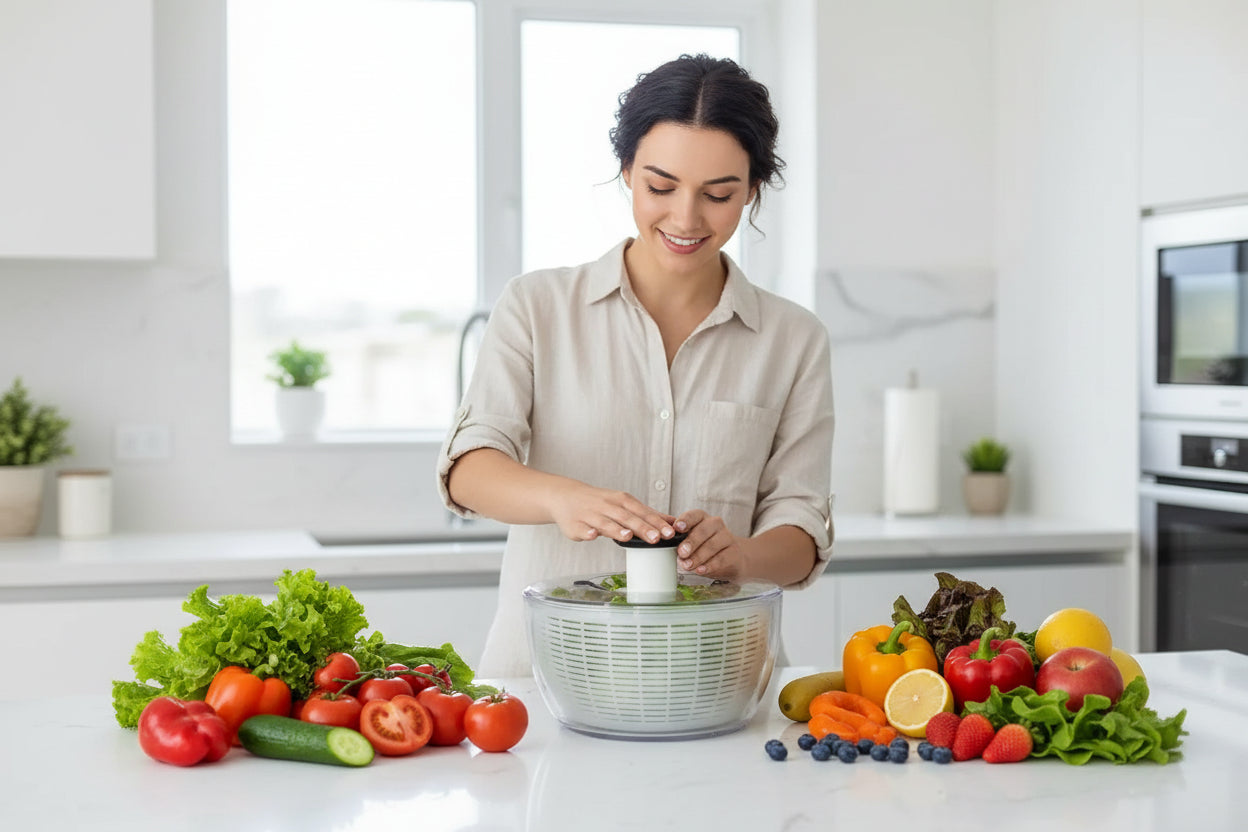 Salad spinner with a hand using it, surrounded by fresh vegetables on a kitchen counter.
