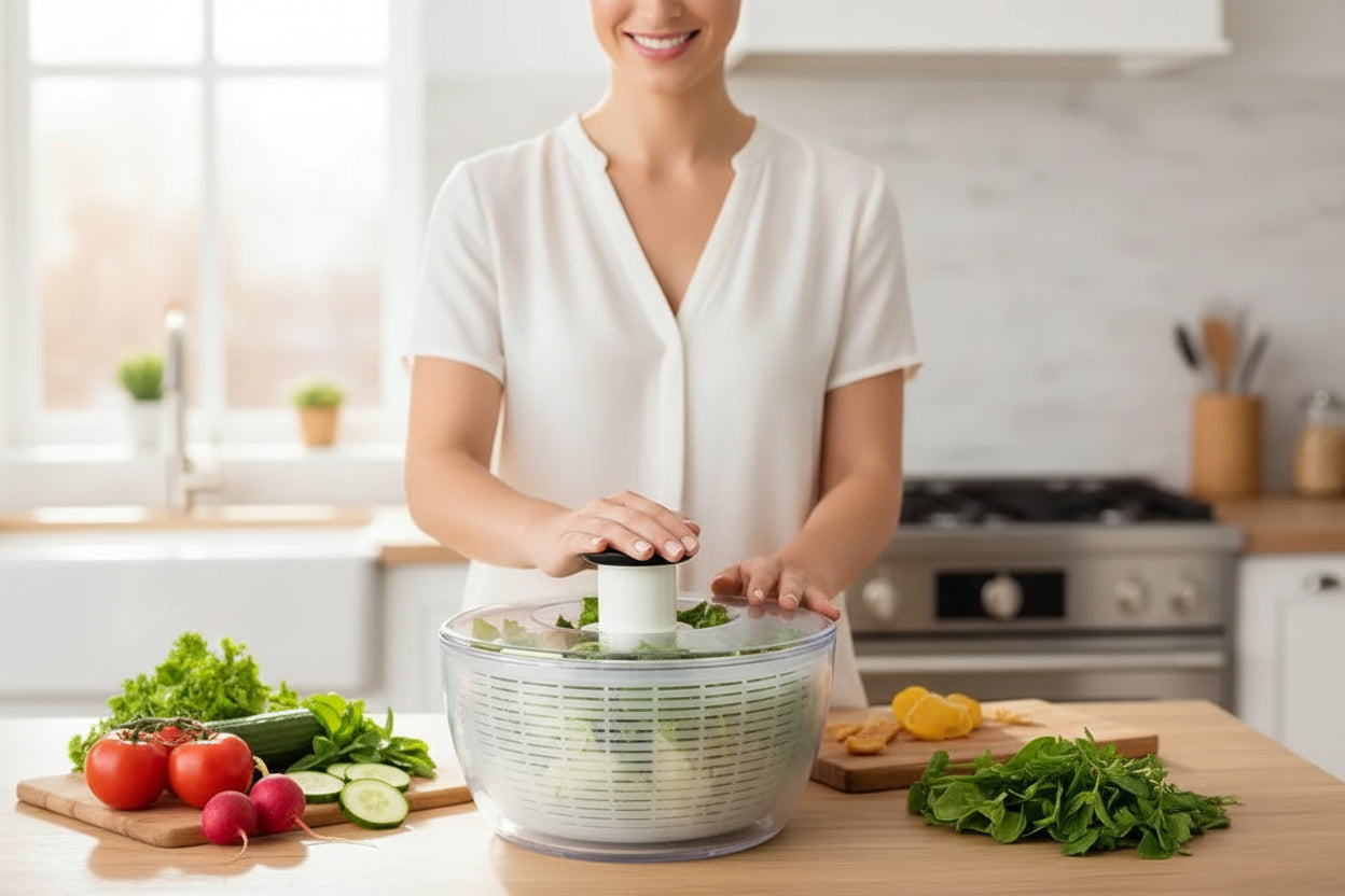 Salad spinner with a hand using it, surrounded by fresh vegetables on a kitchen counter.