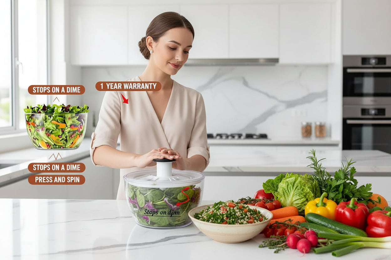 Woman using a salad spinner with kitchen counter and vegetables in the background